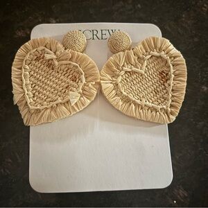 New J.Crew Oversized heart raffia earrings boho bohemian beachy basketweave